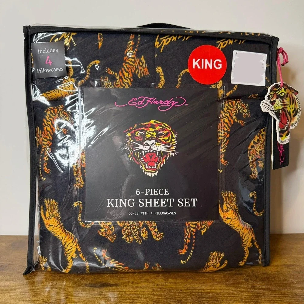 New Ed Hardy King 6 Pc Double Brushed Sheet Set Black Orange Tiger Bedding Y2K